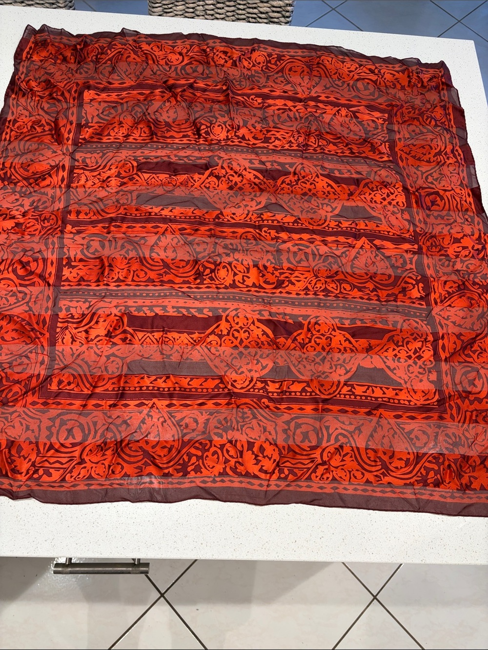 Vintage Ellen Tracy Silk Scarf. Red & Burgundy Patterned. DYY
